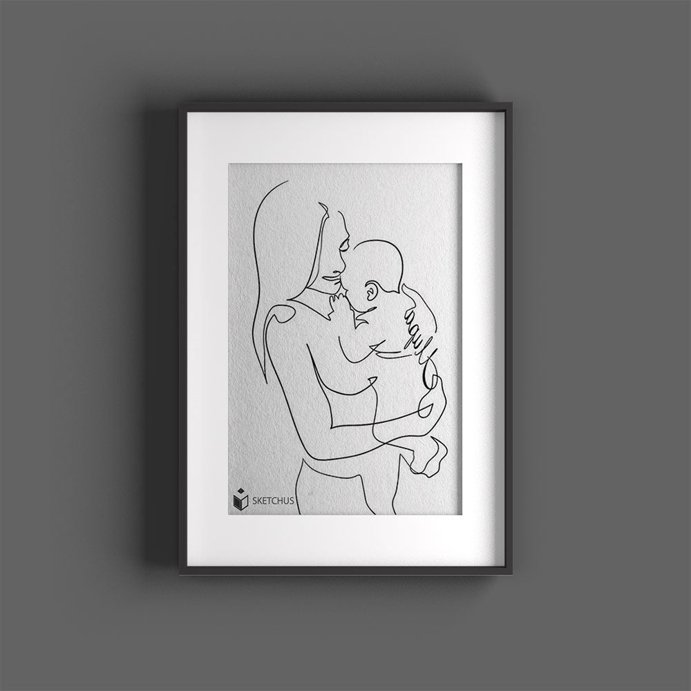 Personalisiertes Familienposter - Familie Strichzeichnung One Line Art Portrait